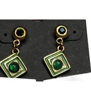 Vintage Diamond Shaped Gold Tone Green Enamel & Rhinestones Dangle Earrings NOS